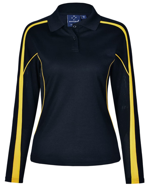 A black long sleeve polo shirt with yellow accents and a logo on the chest.