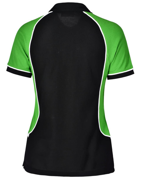 A polo shirt featuring a black body with green accents and white piping detail. It has a logo on the front.