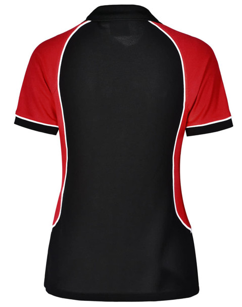 A ladies' tri-colour polo shirt featuring black, red, and white accents with a logo. The design is stylish and sporty.
