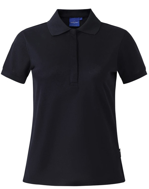 A charcoal grey ladies' polo shirt with a collared neck and short sleeves, featuring a logo.