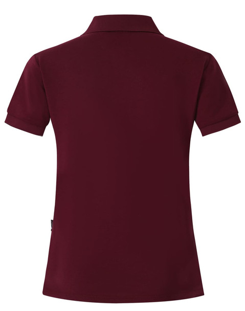 A maroon polo shirt for ladies featuring a classic collar and short sleeves. It has a branding logo on the side.