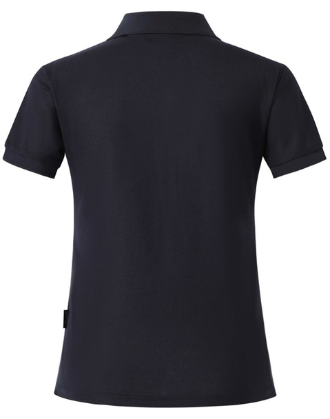 A navy blue ladies' polo shirt with a collared neckline and short sleeves, featuring a logo on the side.