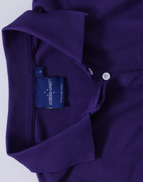 A purple ladies' polo shirt featuring a classic collar and a logo tag near the neckline.
