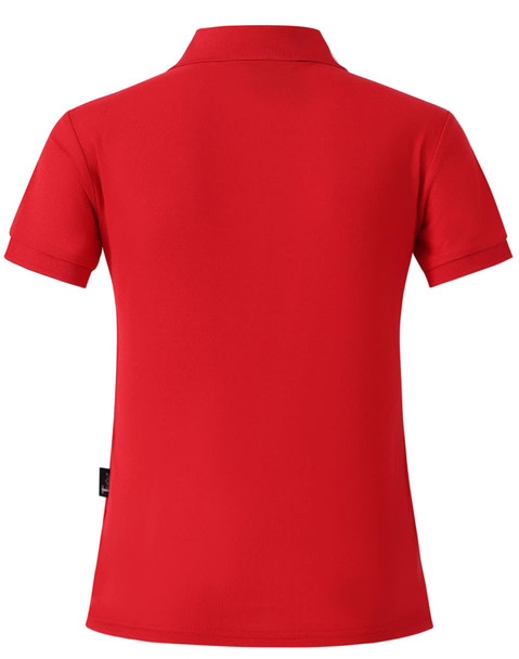 A red ladies' polo shirt featuring short sleeves and a collar, with a branding logo on the side.