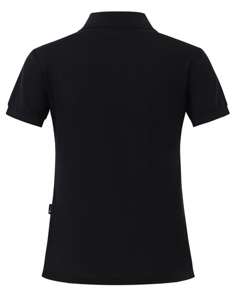 A black ladies' polo shirt featuring a classic design and a collar, with a logo on the back.