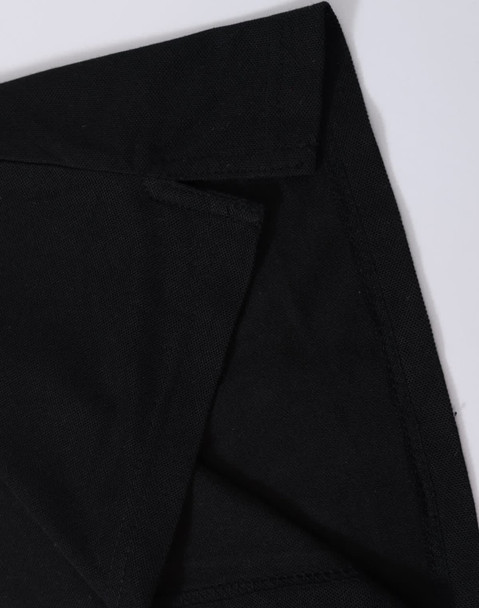 A black polo shirt featuring a classic collar and a logo, highlighting the fabric texture and stitching details.