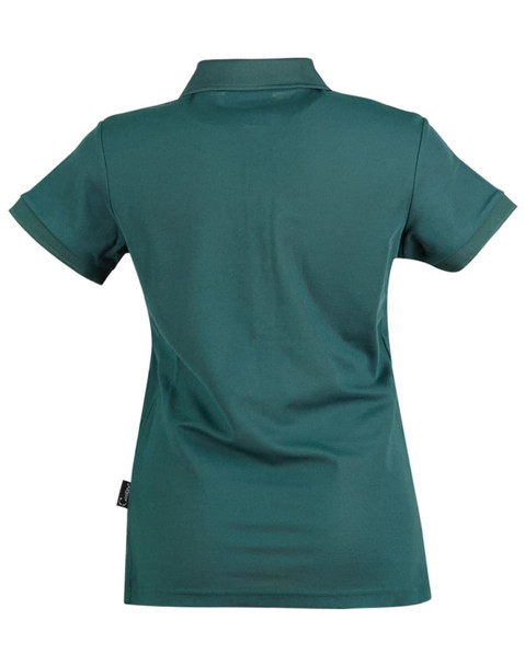 A women's polo shirt in a deep green shade, featuring a classic collar and short sleeves. It has a branding label at the side.