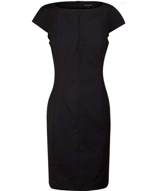 A black cap sleeve dress featuring a fitted silhouette and pleated detailing, designed in a wool blend stretch fabric.