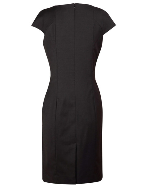 A fitted black wool blend dress with cap sleeves and a back zipper. The dress features tailored seams and a sleek silhouette.