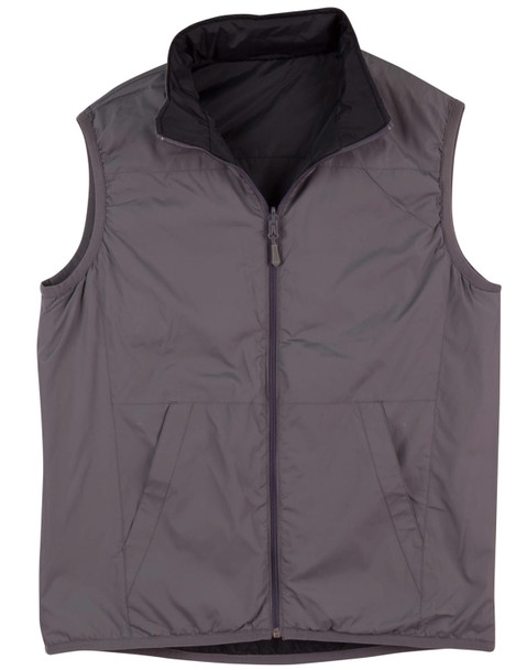 A grey versatile vest with a zippered front and two front pockets, featuring a collar and a branded logo.