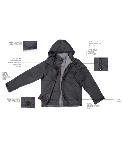 A black versatile vest with a detachable hood, adjustable drawcords, and metal storm flap stoppers. It features a logo.