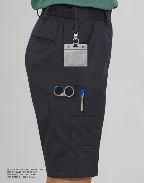 A pair of black ladies' utility cargo shorts featuring multiple pockets and a logo. Accessories are not included.