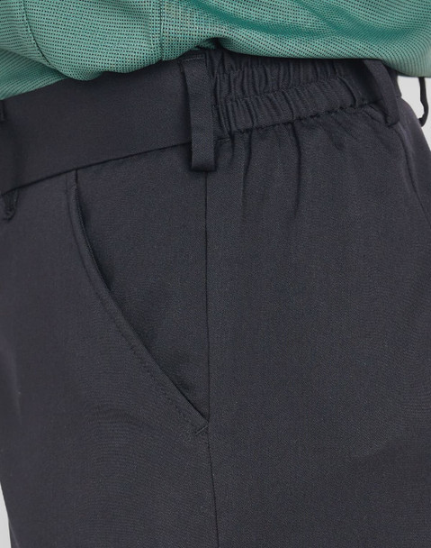 Ladies' utility cargo shorts in black featuring side pockets and an elastic waistband. Includes branding.