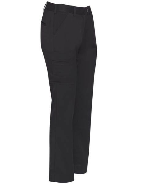 Utility cargo pants in black, featuring multiple pockets and a straight leg design. Includes a logo on the fabric.
