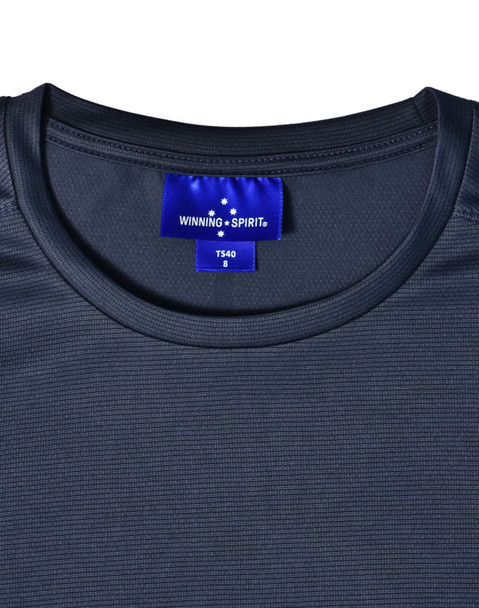 A navy blue ultra lightweight performance T-shirt with a tag featuring a logo.