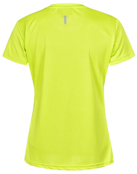 A bright yellow women's short-sleeve performance t-shirt with a logo on the back.
