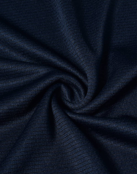 A close-up of navy blue textured fabric, displaying a smooth, lightweight weave. The fabric has a logo present.