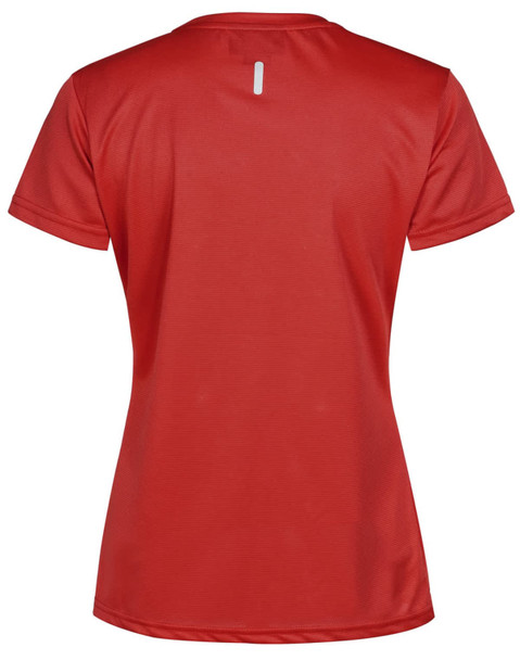 A red ladies' ultra lightweight performance short-sleeve tee with a logo on the back.