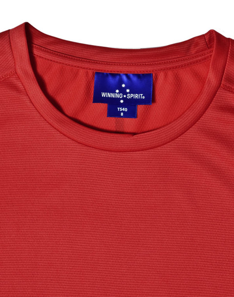 A red lightweight performance women's T-shirt with a round neckline and a logo on the label.