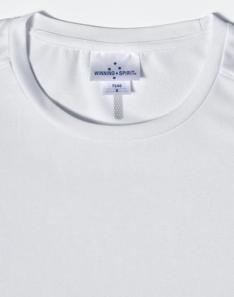 A white ladies' ultra lightweight performance short sleeve tee with a round neck and a logo label.