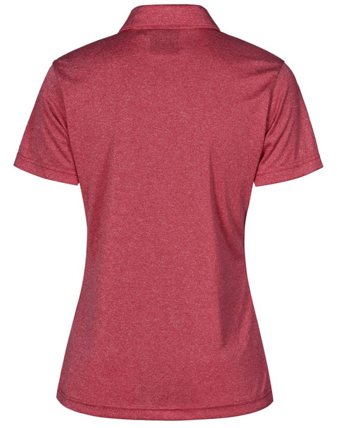 A red short sleeve polo shirt with a collar and a logo on the back.