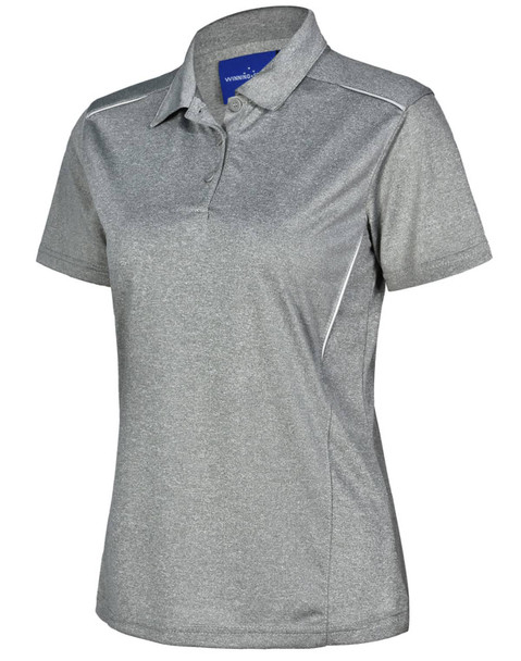 A grey ladies' short sleeve polo shirt featuring a subtle sheen and a logo on the collar.