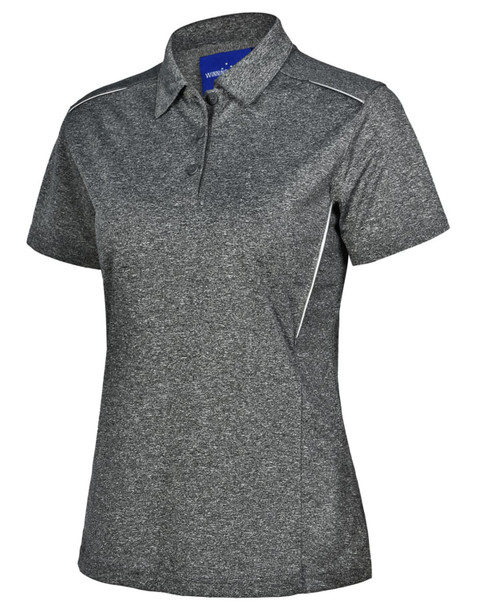 A stylish ladies' polo shirt in dark grey with short sleeves and a logo on the collar.