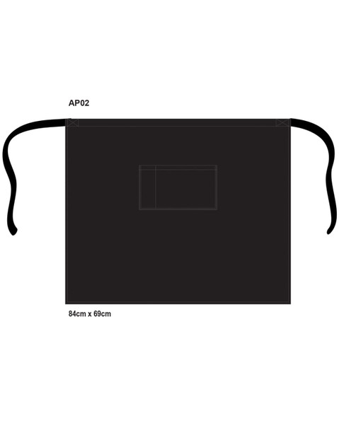A black short waist apron with ties and a pocket, measuring 84cm x 69cm, featuring a logo.