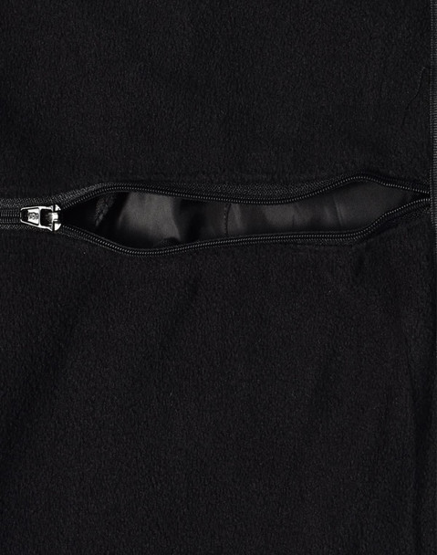 A black Long Line Stadium Jacket featuring a zippered pocket and a smooth lining. The jacket has a branding logo.