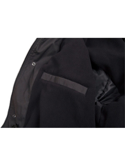 A black Long Line Stadium Jacket features a soft interior lining and an interior pocket. It has a simple design with a logo.
