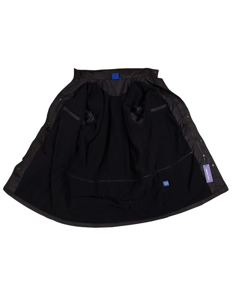 A long line stadium jacket in black, featuring a lined interior and pockets, with a branding tag visible.