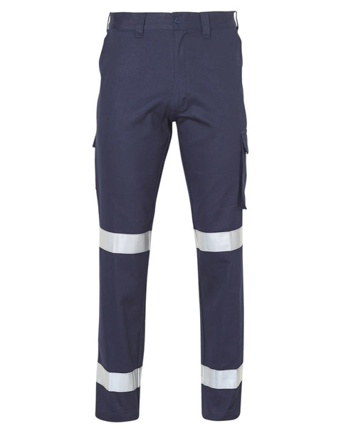 Navy work pants featuring reflective 3M tape and a pocket on the leg. Includes a logo on the waistband.