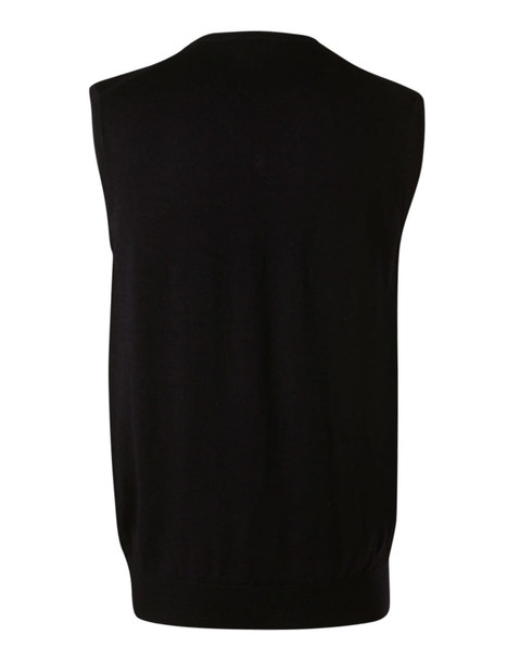 A black men's 100% Merino wool V-neck vest, featuring a sleeveless design and a fitted bottom.