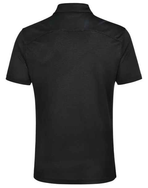A black men's polo shirt with a collar, featuring a detailed back design and a logo.