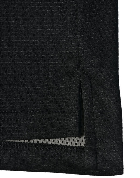 A black polo shirt featuring a textured fabric and side slit detail, also has a logo on it.