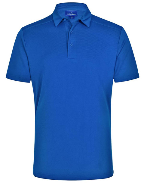 A blue men's bamboo charcoal polo shirt featuring a collar and a logo.