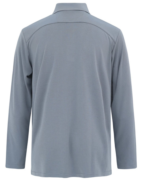 A long-sleeved, grey polo shirt featuring a collar and a simple design, with a logo on the back.