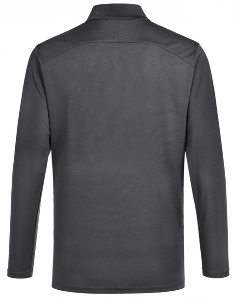 A long-sleeved polo shirt in a dark charcoal colour, featuring a subtle texture and a logo.
