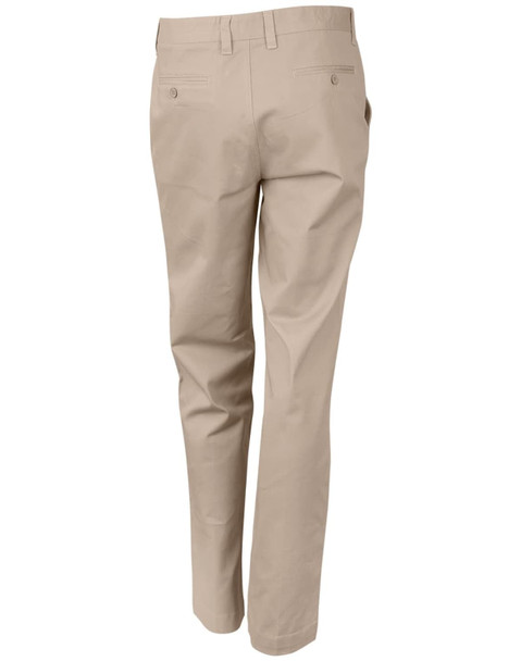 Men's chino pants in beige, featuring a tailored fit and rear pockets, with a logo on the waistband.