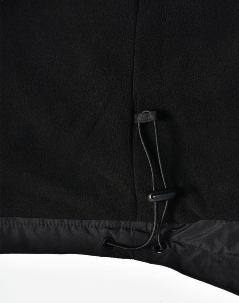 A close-up of the bottom hem of a black unisex jacket featuring a drawstring adjustment.