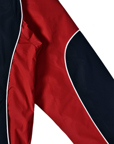 A unisex jacket in red and navy, featuring a logo and contrasting white piping along the seams.