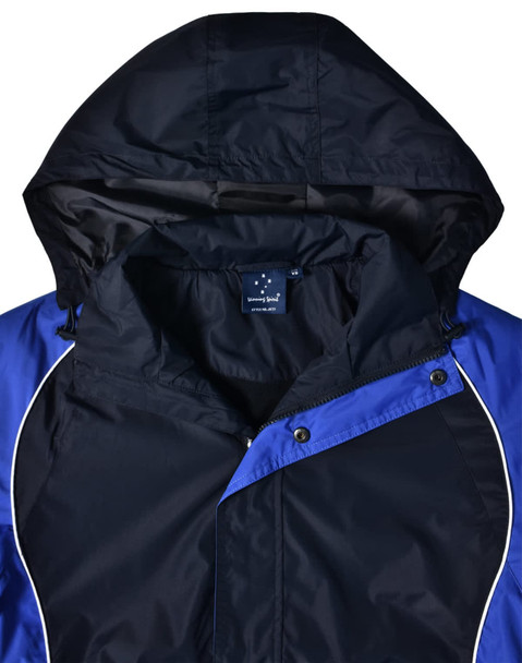 A unisex jacket in blue and black featuring a hood and a logo on the interior.