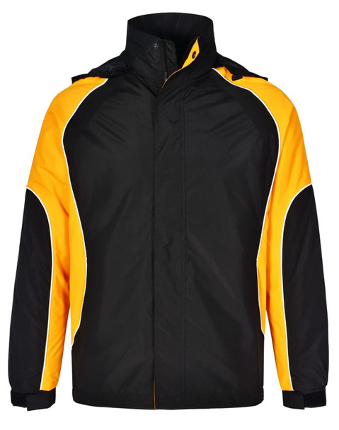 A unisex jacket in black and yellow with a logo, featuring a zip front and high collar.