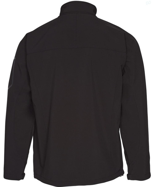 A black softshell jacket featuring a high collar and a logo on the sleeve. The back view displays a sleek design.