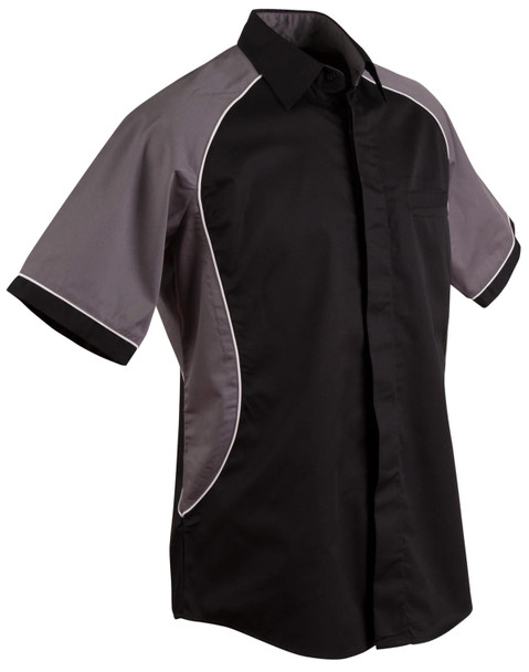 Men's tri-colour contrast button-up shirt featuring black and grey sections with white piping and a chest pocket.