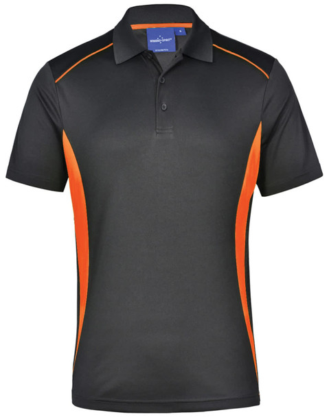 Men's short-sleeve polo shirt in black with orange contrast detailing and a logo on the chest.