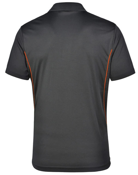A men's short sleeve polo shirt in charcoal grey with orange contrast detailing. Features a logo on the back.