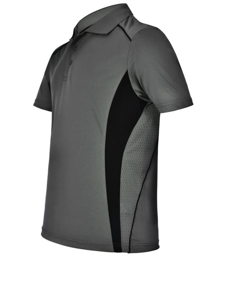 Men's Cooldry polo shirt in grey with black contrast panels, featuring a collar and short sleeves. It has a logo on it.