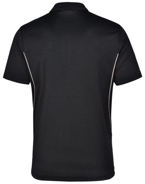 A black polo shirt with contrast detailing and a logo on the neckline. The back view shows a smooth, sleek fabric.