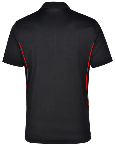 A black polo shirt with red contrast detailing and a logo on the back.